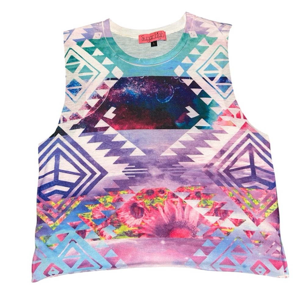 Sugar High Galaxy Geometric Daisy Sleeveless Crop Muscle Top